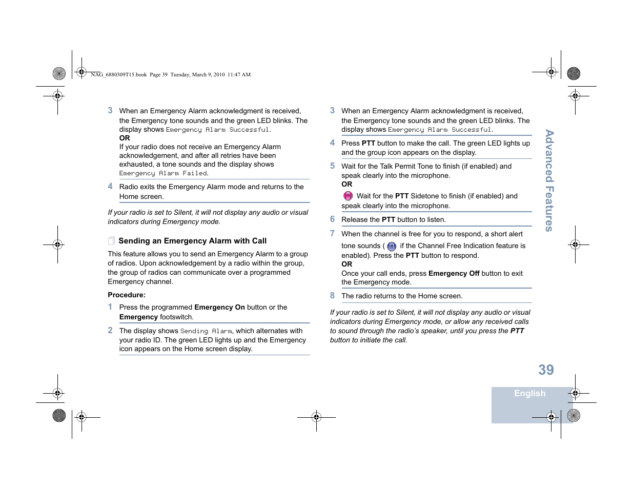 Sending an emergency alarm with call, Advanced features | Motorola 4550 User Manual | Page 49 / 92