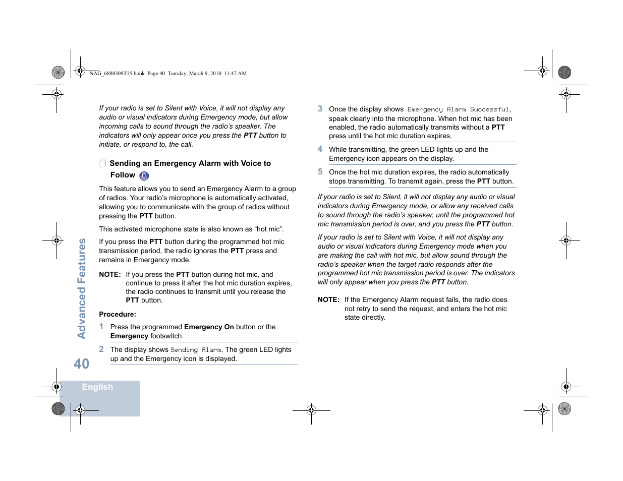 Sending an emergency alarm with voice to follow, Advanced features | Motorola 4550 User Manual | Page 50 / 92