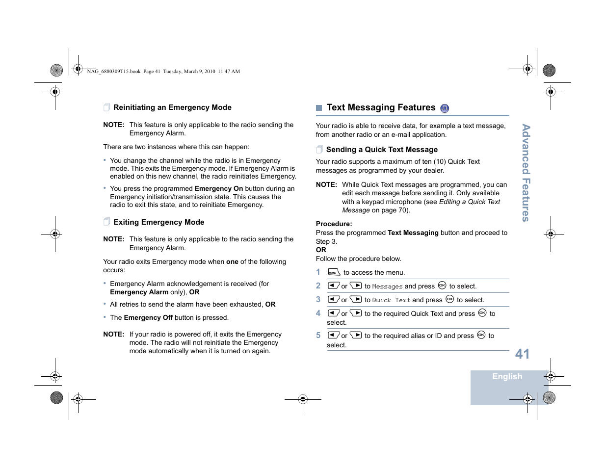 Reinitiating an emergency mode, Exiting emergency mode, Text messaging features | Sending a quick text message, Advanced features | Motorola 4550 User Manual | Page 51 / 92