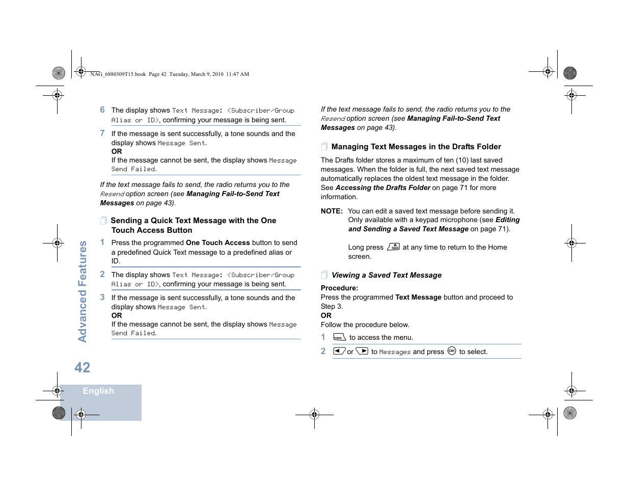Managing text messages in the drafts folder, Viewing a saved text message, Advanced features | Motorola 4550 User Manual | Page 52 / 92