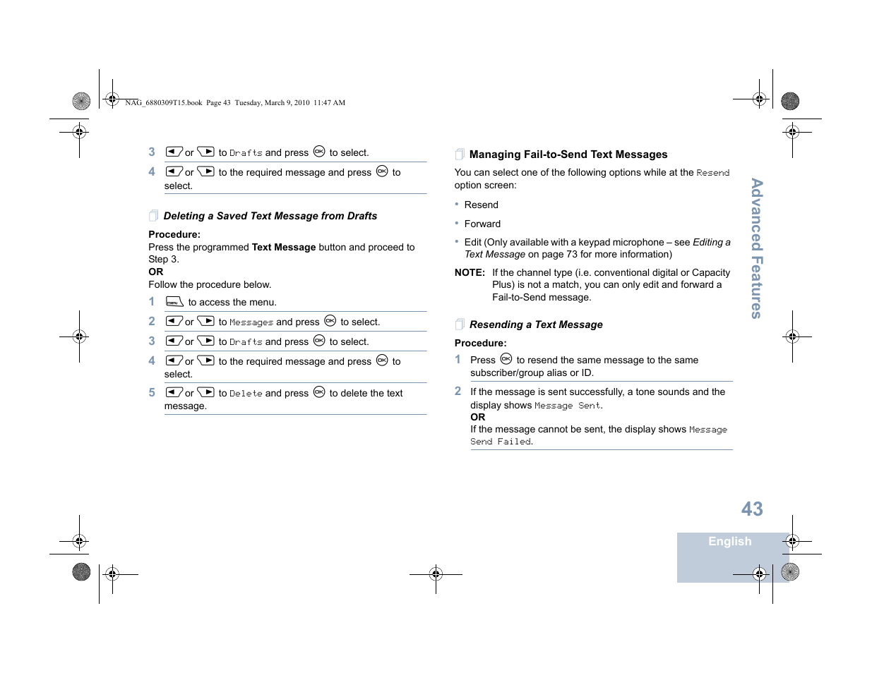 Deleting a saved text message from drafts, Managing fail-to-send text messages, Resending a text message | Managing fail-to-send text, Messages on, Advanced features | Motorola 4550 User Manual | Page 53 / 92