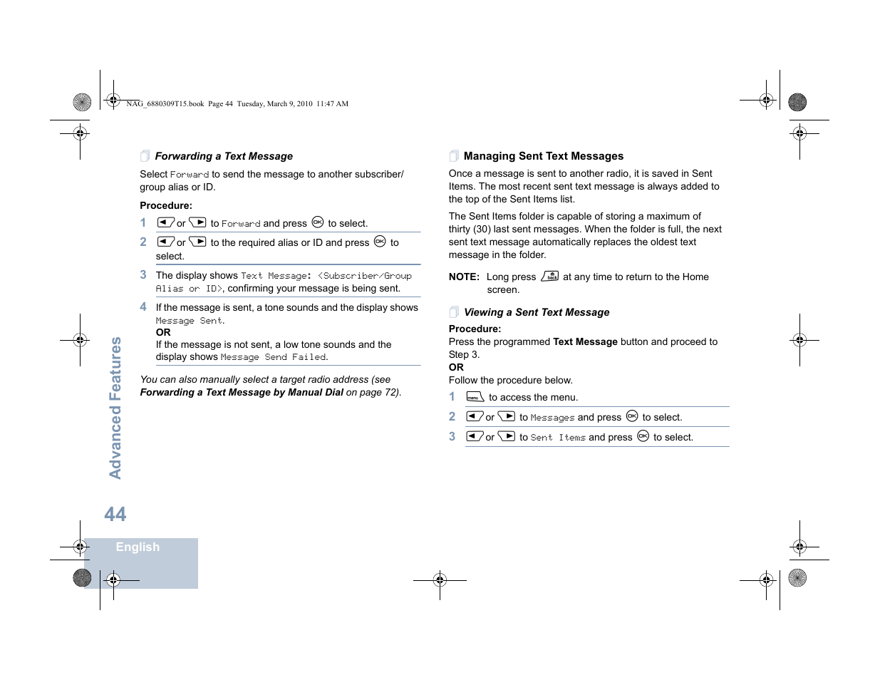 Forwarding a text message, Managing sent text messages, Viewing a sent text message | Advanced features | Motorola 4550 User Manual | Page 54 / 92