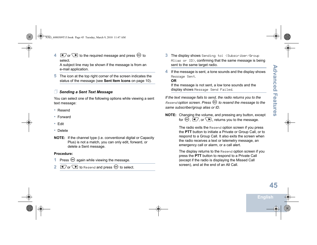 Sending a sent text message, Advanced features | Motorola 4550 User Manual | Page 55 / 92