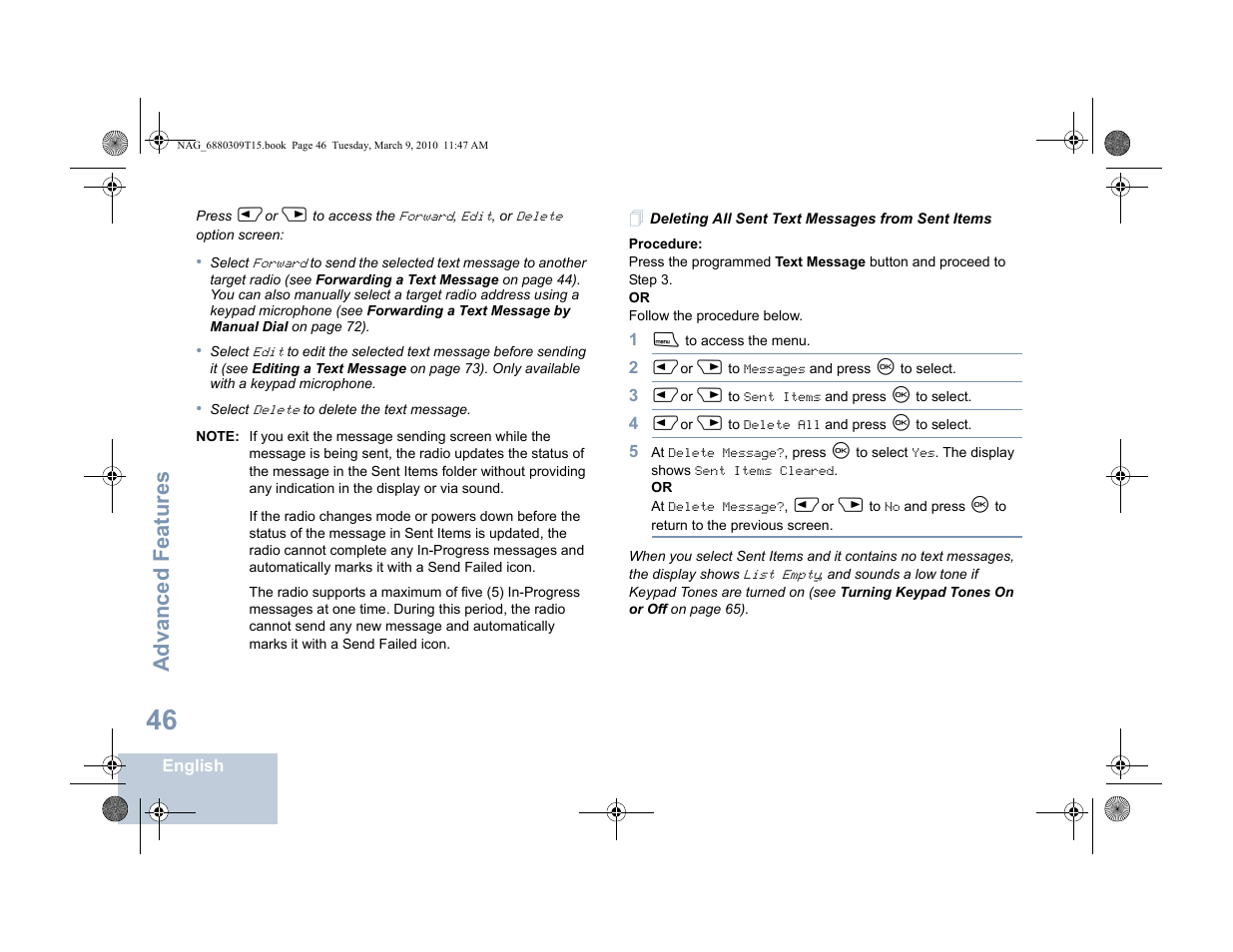 Deleting all sent text messages from sent items, Advanced features | Motorola 4550 User Manual | Page 56 / 92