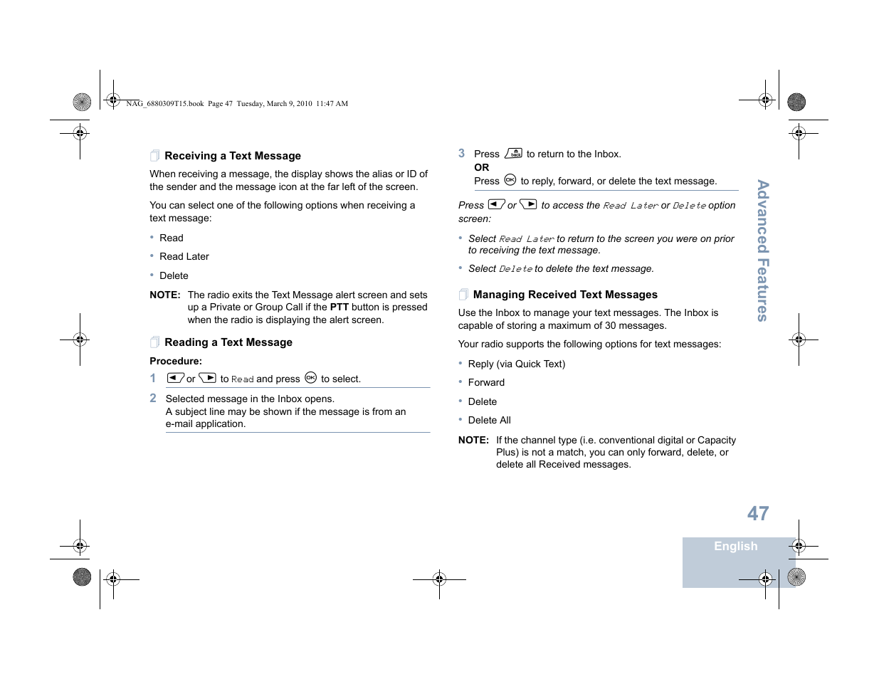 Receiving a text message, Reading a text message, Managing received text messages | Advanced features | Motorola 4550 User Manual | Page 57 / 92
