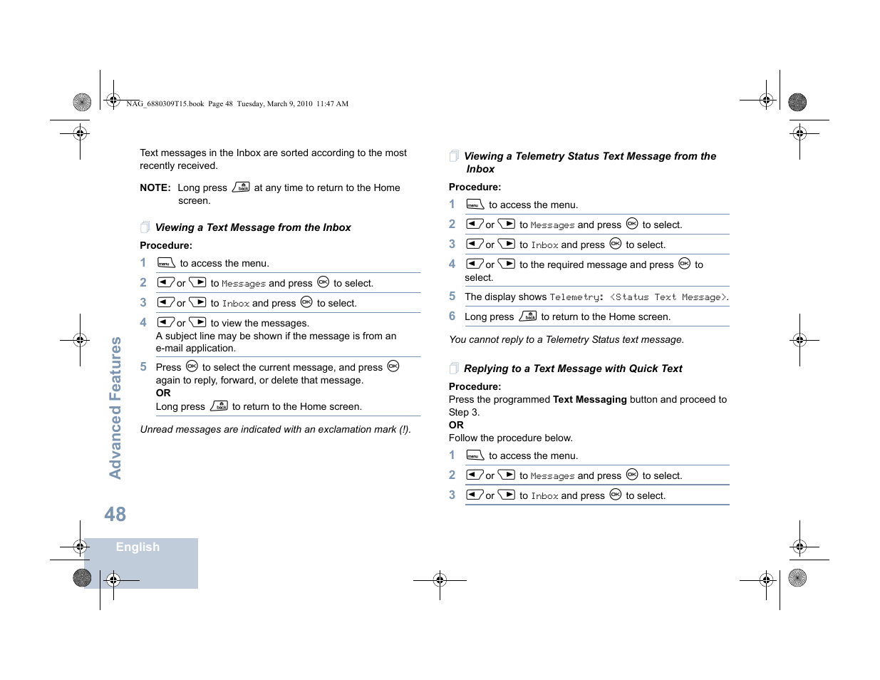 Viewing a text message from the inbox, Replying to a text message with quick text, Advanced features | Motorola 4550 User Manual | Page 58 / 92