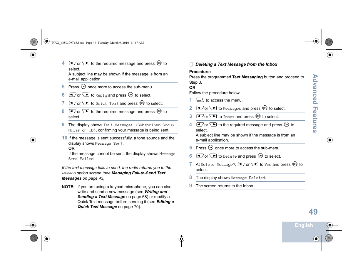 Deleting a text message from the inbox, Advanced features | Motorola 4550 User Manual | Page 59 / 92