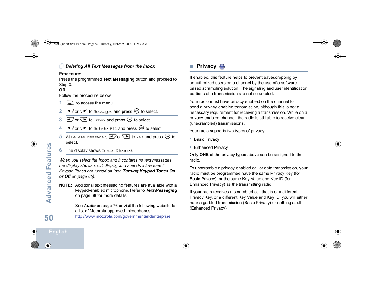 Deleting all text messages from the inbox, Privacy, Advanced features | Motorola 4550 User Manual | Page 60 / 92