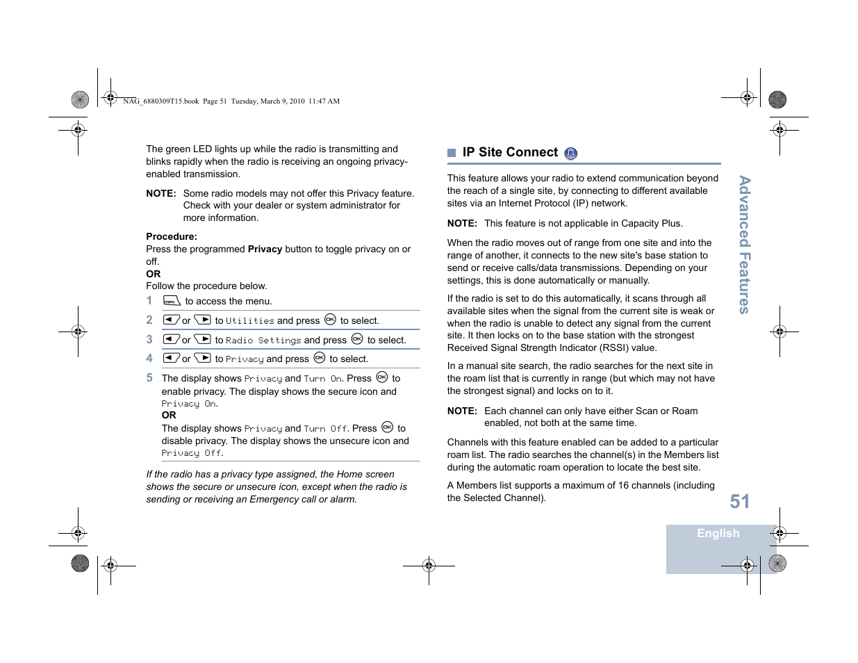 Ip site connect, Advanced features | Motorola 4550 User Manual | Page 61 / 92