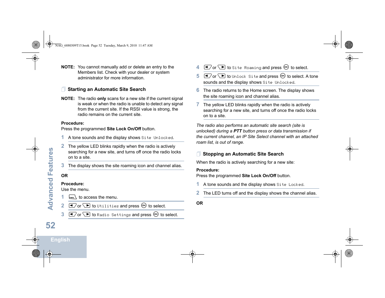 Starting an automatic site search, Stopping an automatic site search, Advanced features | Motorola 4550 User Manual | Page 62 / 92