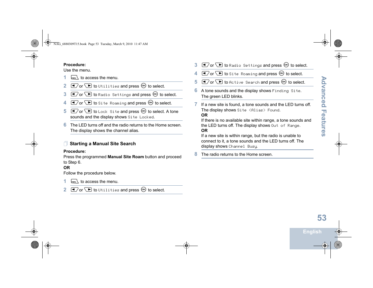 Starting a manual site search, Advanced features | Motorola 4550 User Manual | Page 63 / 92