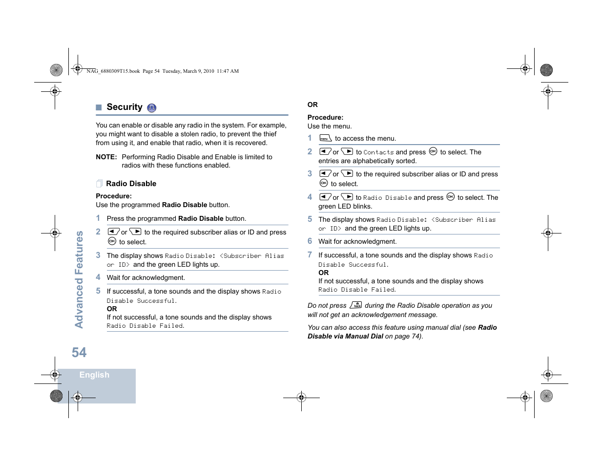 Security, Radio disable, Advanced features | Motorola 4550 User Manual | Page 64 / 92