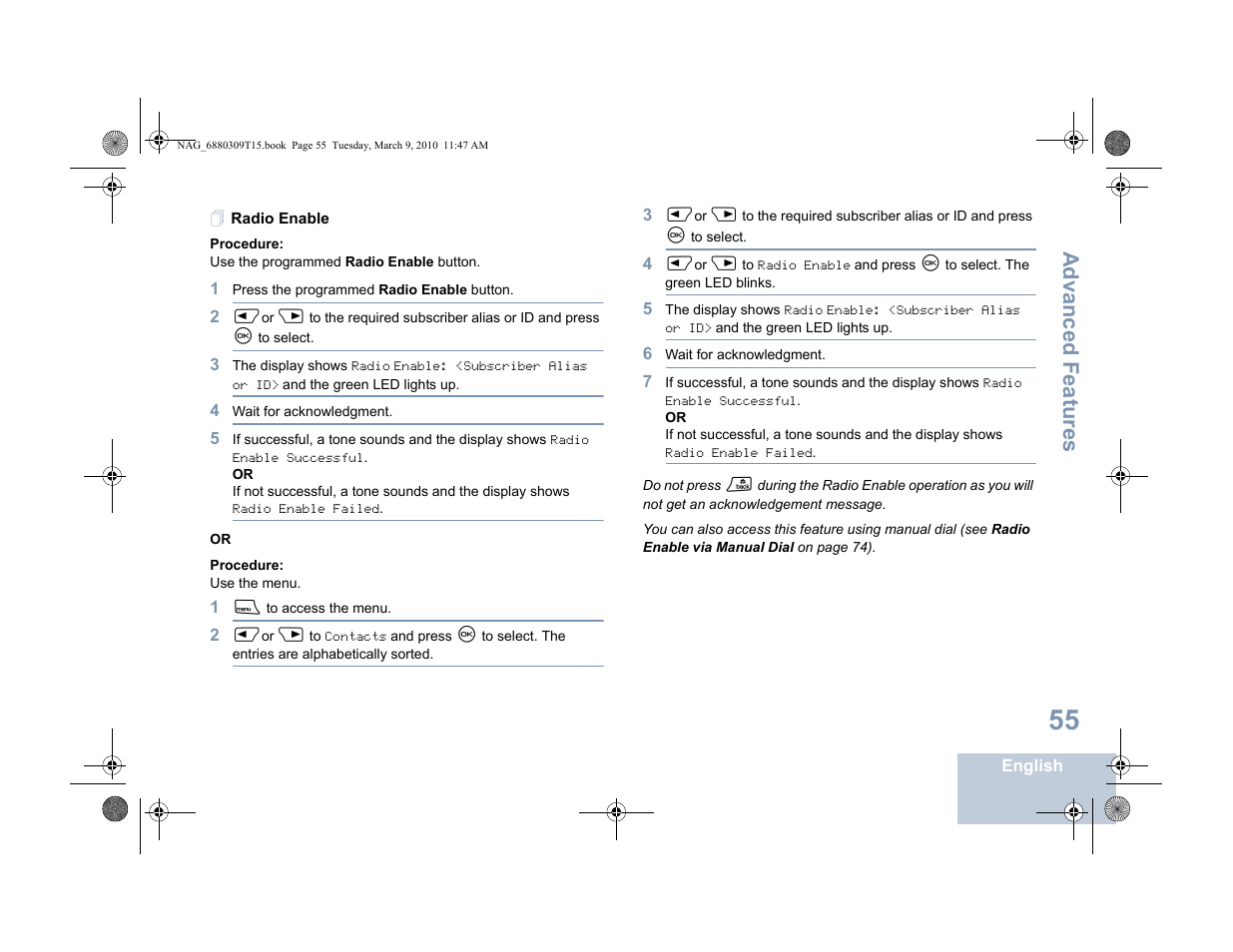 Radio enable, Advanced features | Motorola 4550 User Manual | Page 65 / 92