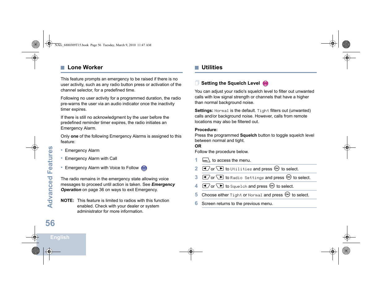 Lone worker, Utilities, Setting the squelch level | Lone worker utilities, Advanced features | Motorola 4550 User Manual | Page 66 / 92