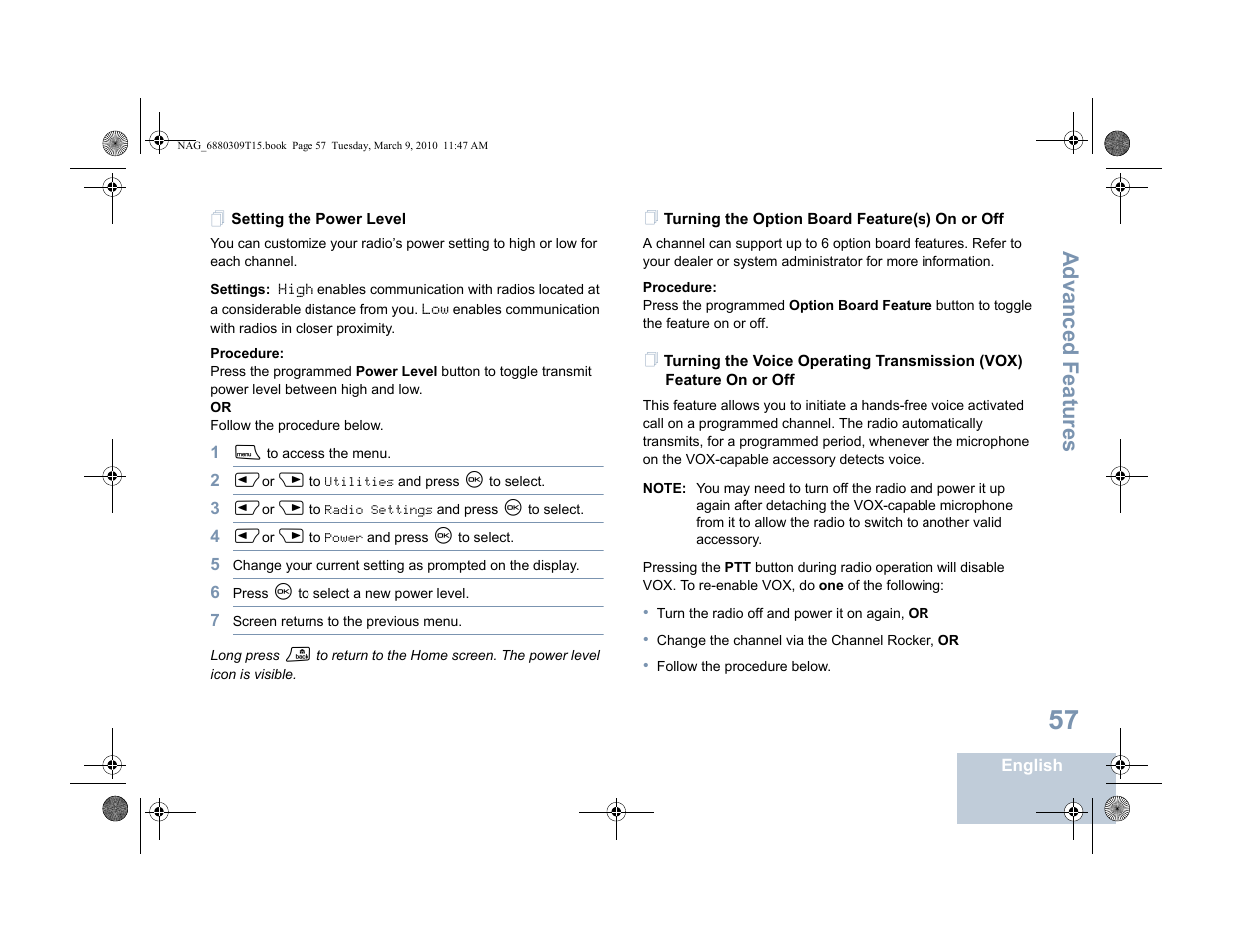Setting the power level, Turning the option board feature(s) on or off, Advanced features | Motorola 4550 User Manual | Page 67 / 92