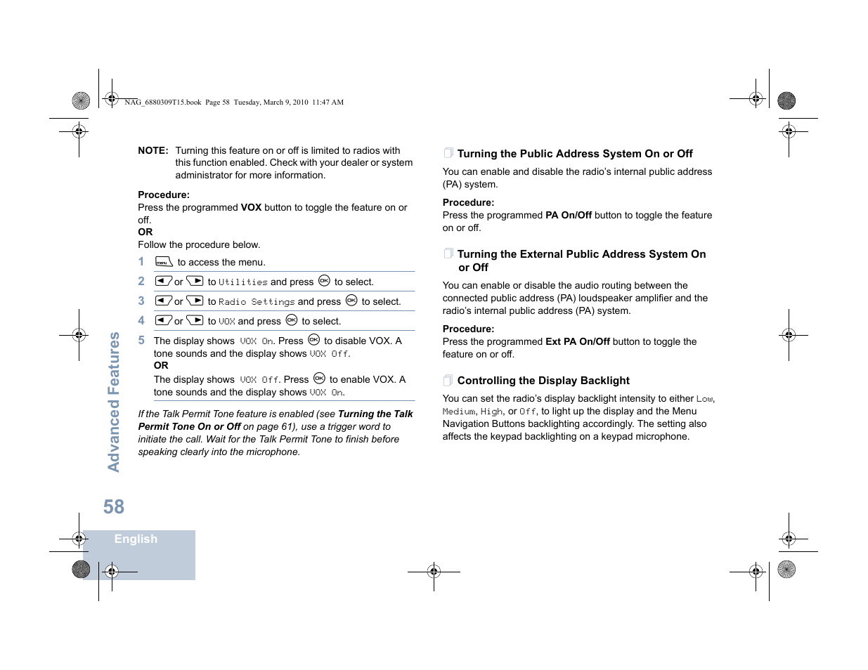 Turning the public address system on or off, Controlling the display backlight, Advanced features | Motorola 4550 User Manual | Page 68 / 92