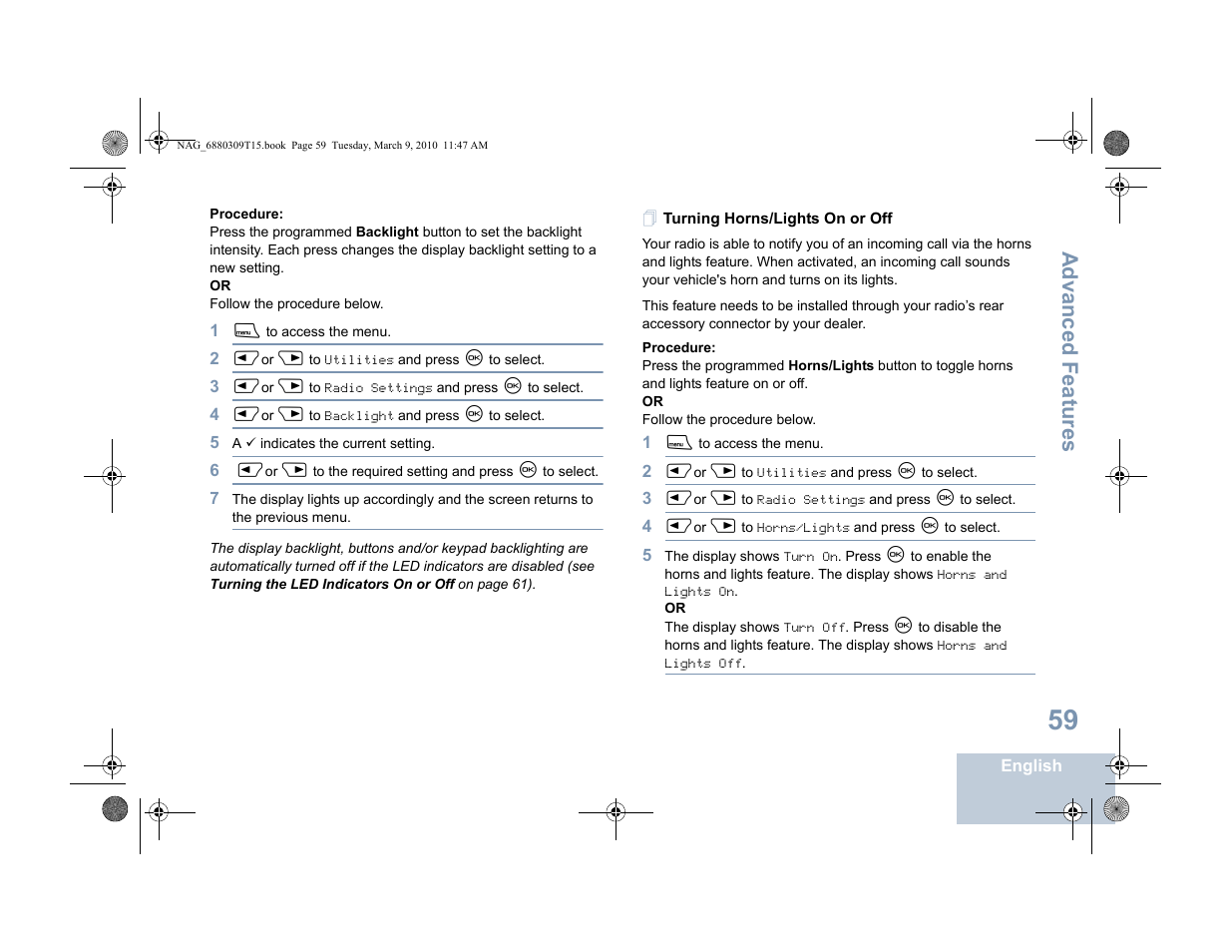 Turning horns/lights on or off, Advanced features | Motorola 4550 User Manual | Page 69 / 92