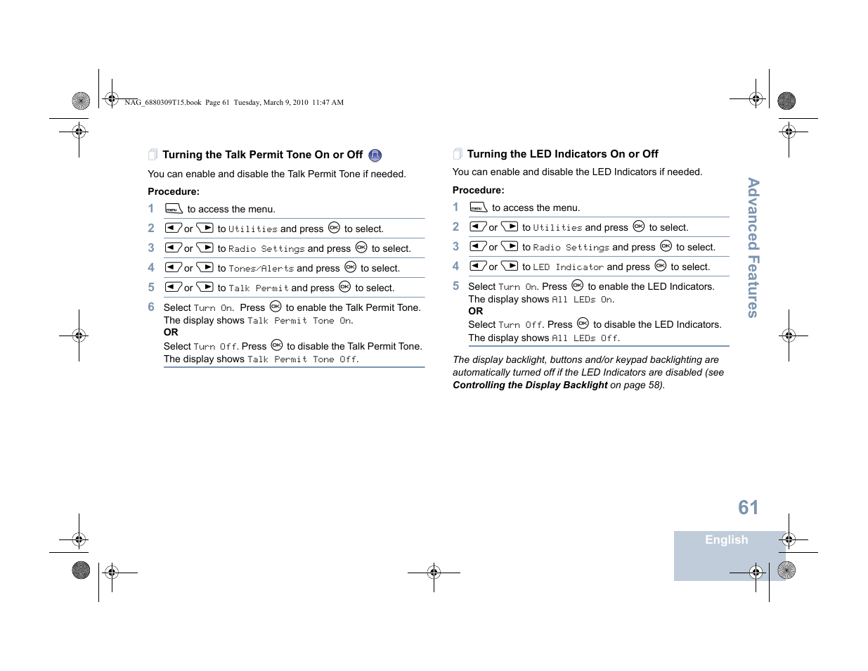 Turning the talk permit tone on or off, Turning the led indicators on or off, Advanced features | Motorola 4550 User Manual | Page 71 / 92
