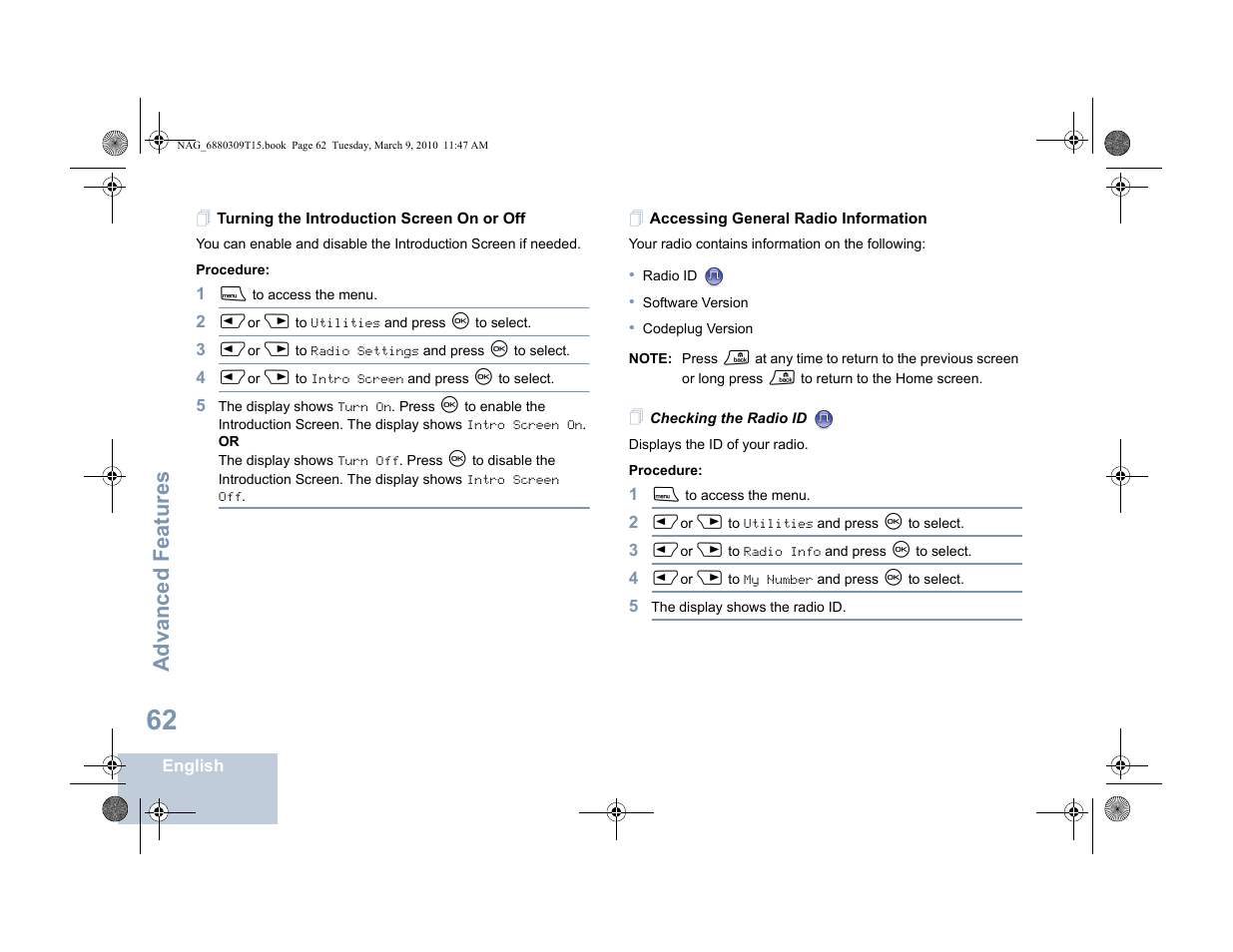 Turning the introduction screen on or off, Accessing general radio information, Checking the radio id | Advanced features | Motorola 4550 User Manual | Page 72 / 92