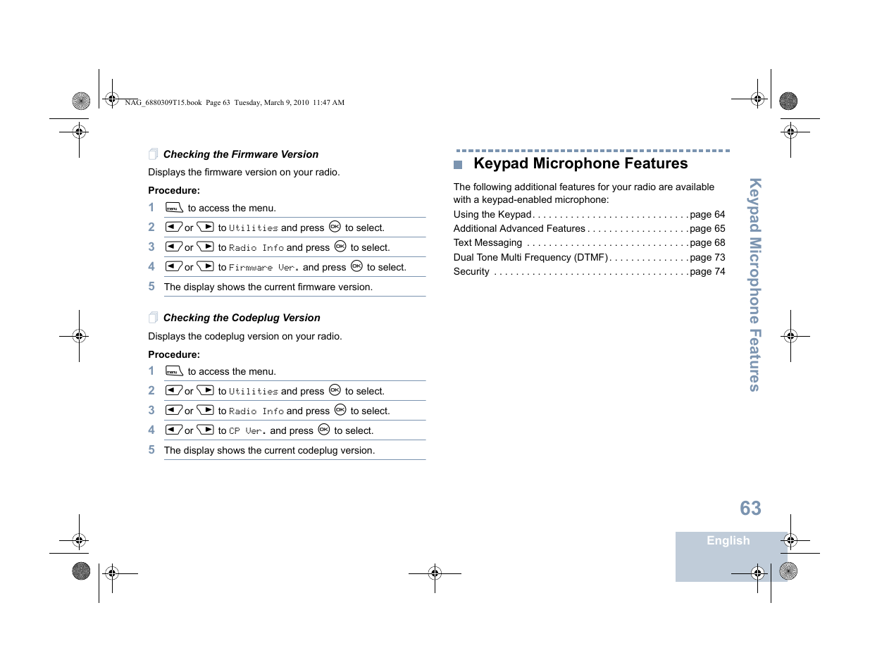 Checking the firmware version, Checking the codeplug version, Keypad microphone features | Keyp ad mic rophone fe atures | Motorola 4550 User Manual | Page 73 / 92
