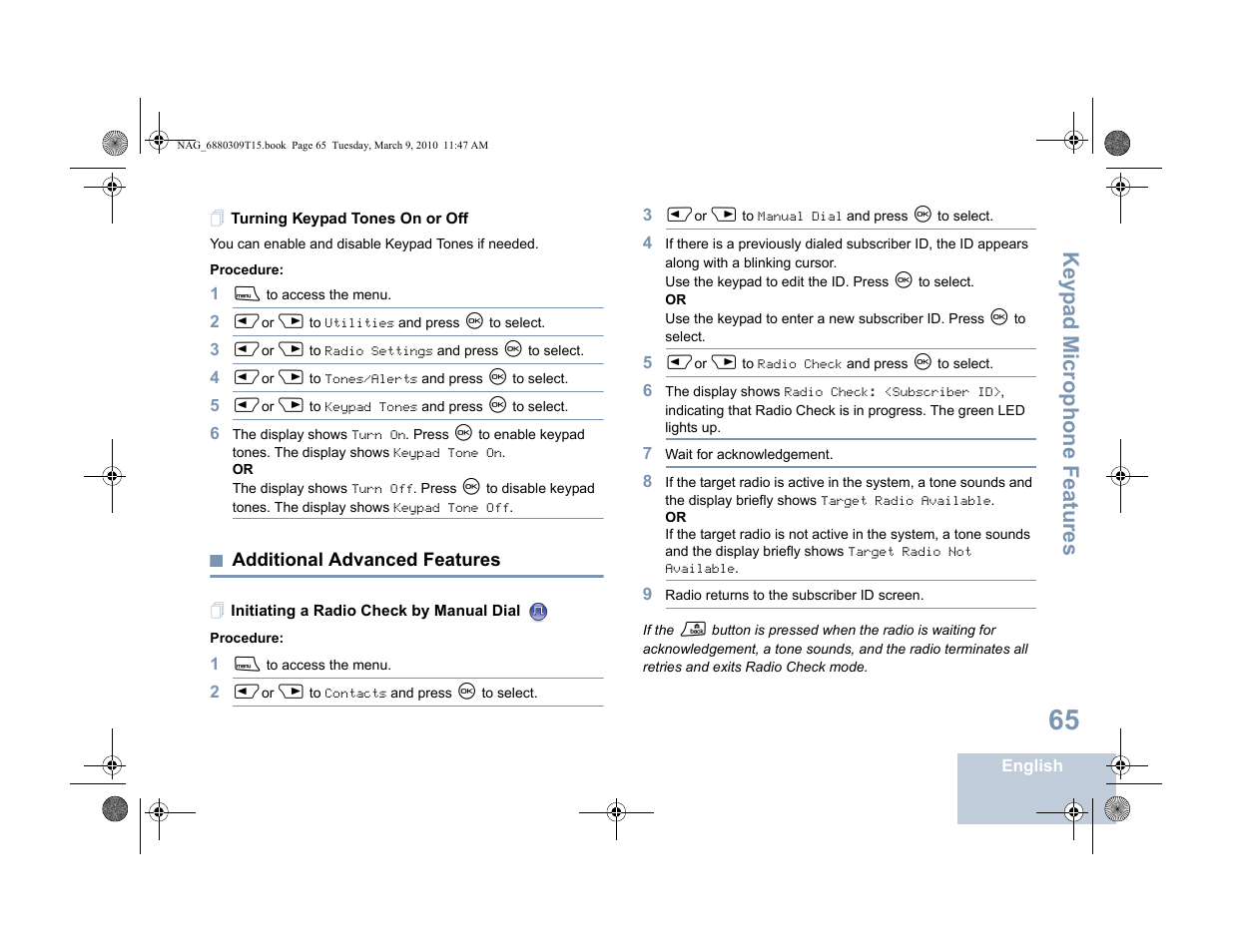 Turning keypad tones on or off, Additional advanced features, Initiating a radio check by manual dial | Keyp ad mic rophone fe atures | Motorola 4550 User Manual | Page 75 / 92
