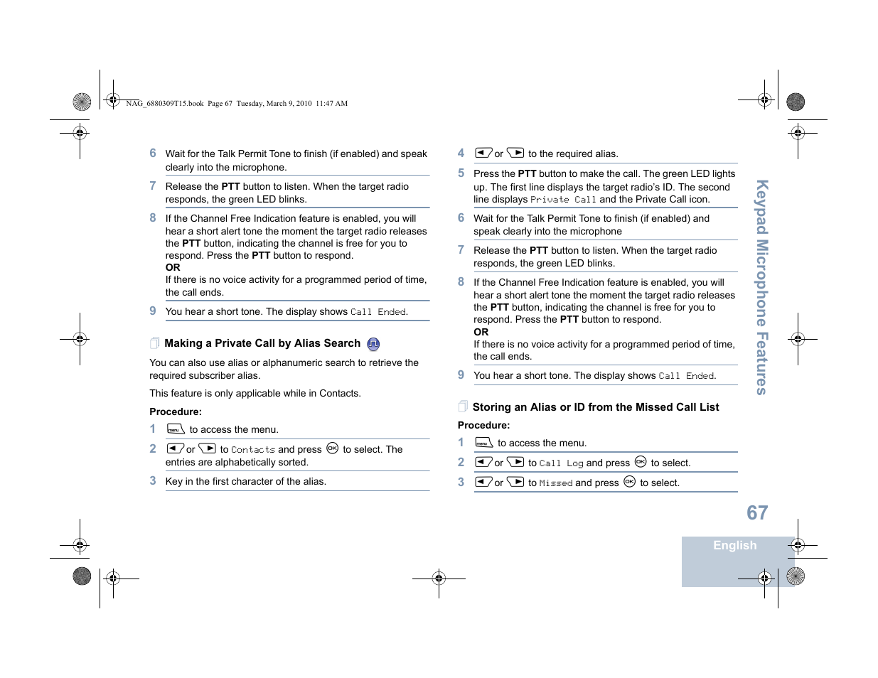 Making a private call by alias search, Storing an alias or id from the missed call list, Keyp ad mic rophone fe atures | Motorola 4550 User Manual | Page 77 / 92