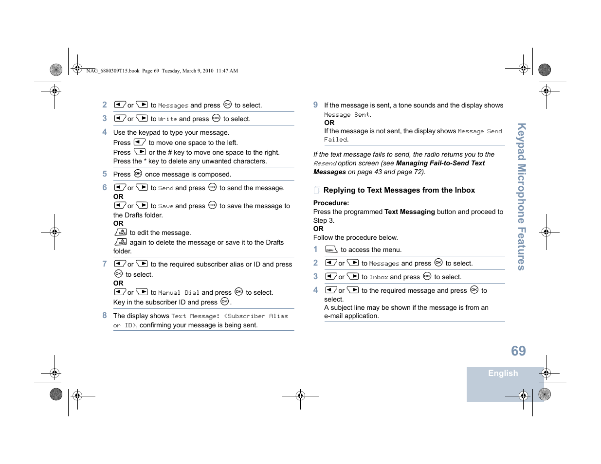 Replying to text messages from the inbox, Keyp ad mic rophone fe atures | Motorola 4550 User Manual | Page 79 / 92