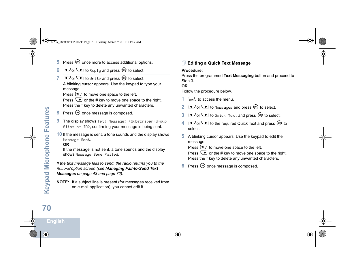 Editing a quick text message, Keyp ad mic rophone fe ature s | Motorola 4550 User Manual | Page 80 / 92