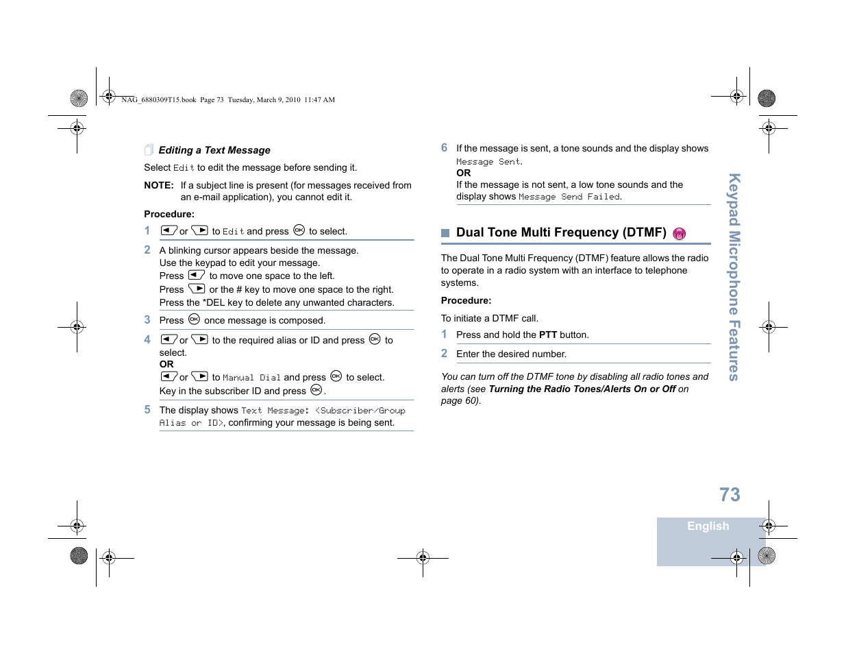 Editing a text message, Dual tone multi frequency (dtmf), Keyp ad mic rophone fe atures | Motorola 4550 User Manual | Page 83 / 92