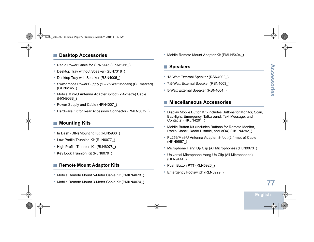 Desktop accessories, Mounting kits, Remote mount adaptor kits | Speakers, Miscellaneous accessories, Accessories | Motorola 4550 User Manual | Page 87 / 92