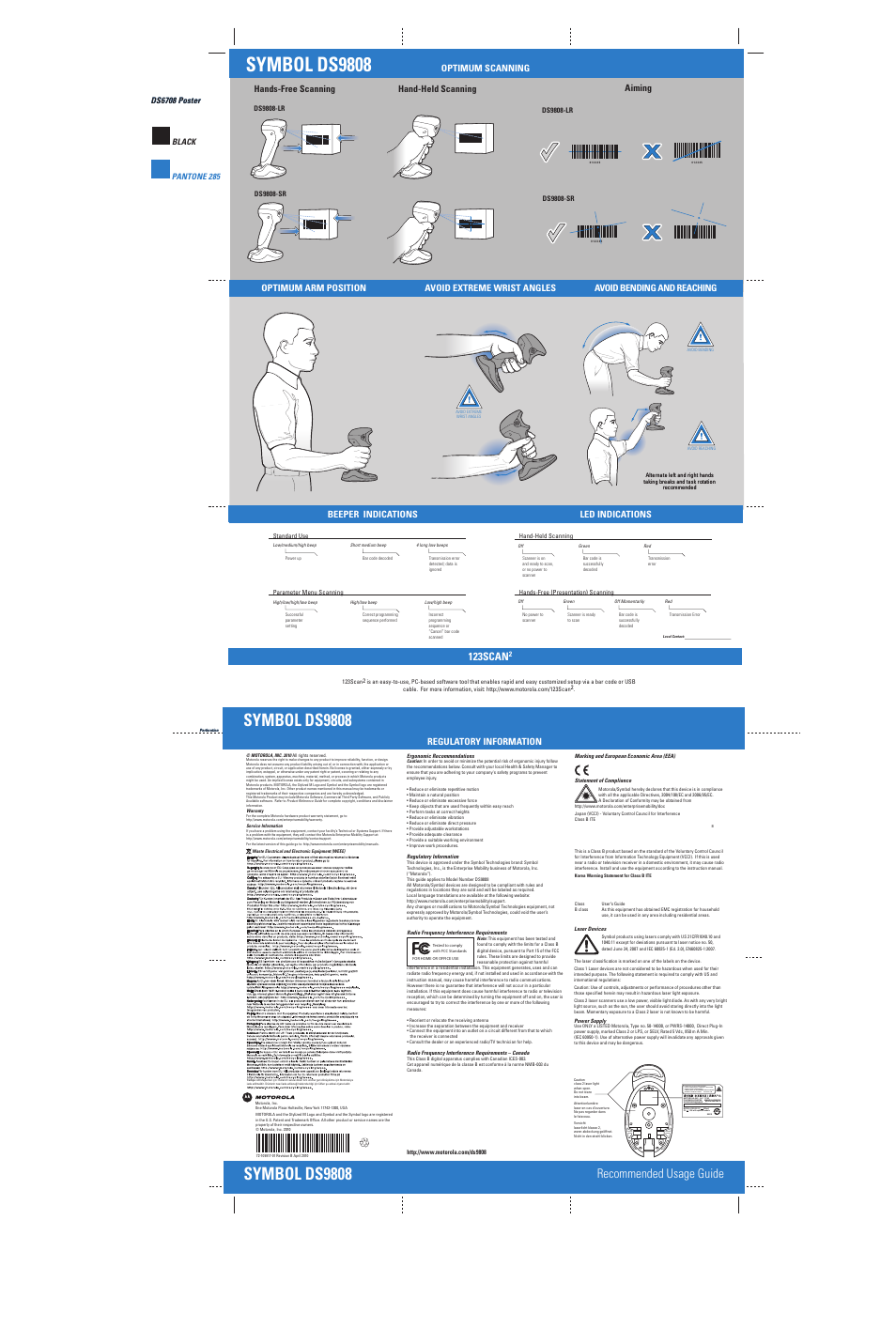 10991701b_back.pdf, Symbol ds9808, Recommended usage guide | 123scan, Optimum arm position avoid extreme wrist angles, Beeper indications led indications, Hands-free scanning, Aiming hand-held scanning | Motorola SYMBOL DS9808 User Manual | Page 2 / 2