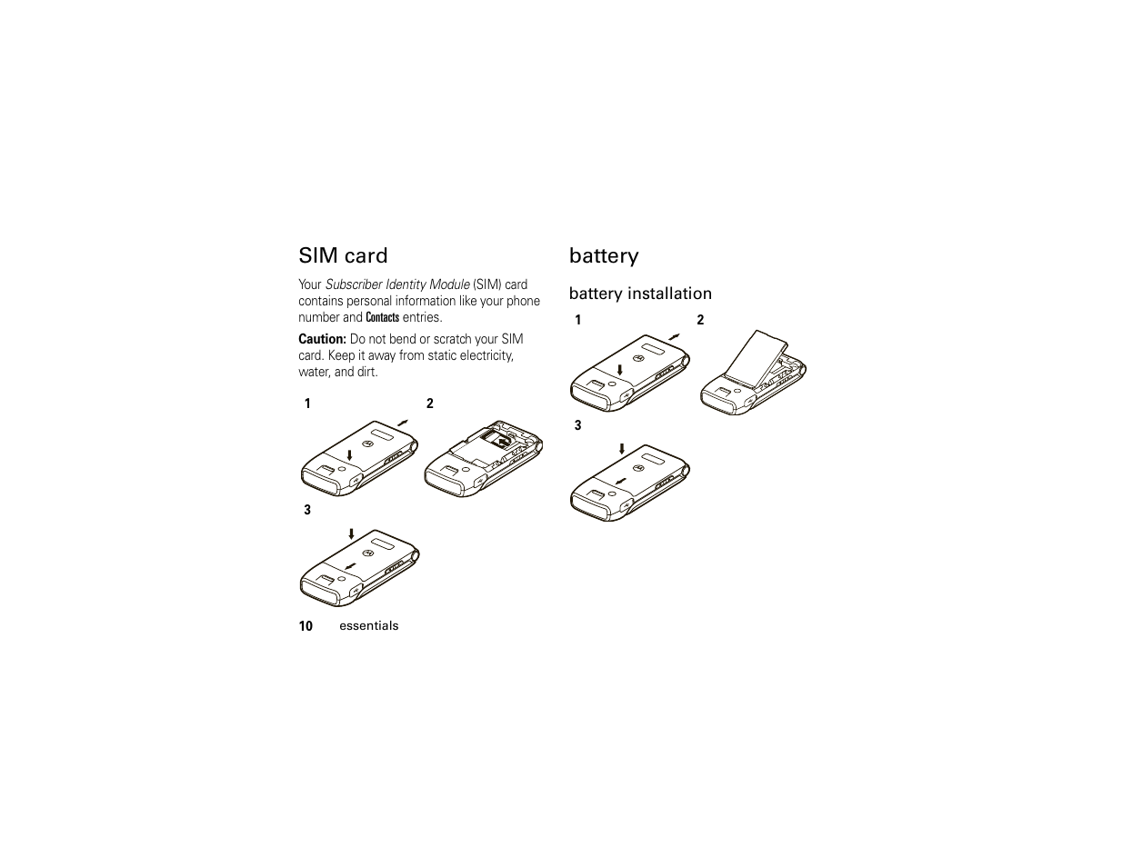 Sim card, Battery | Motorola 6809512A76-A User Manual | Page 12 / 80