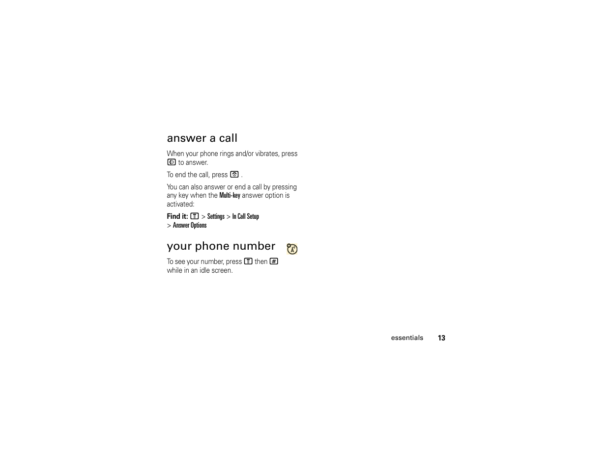 Answer a call, Your phone number | Motorola 6809512A76-A User Manual | Page 15 / 80