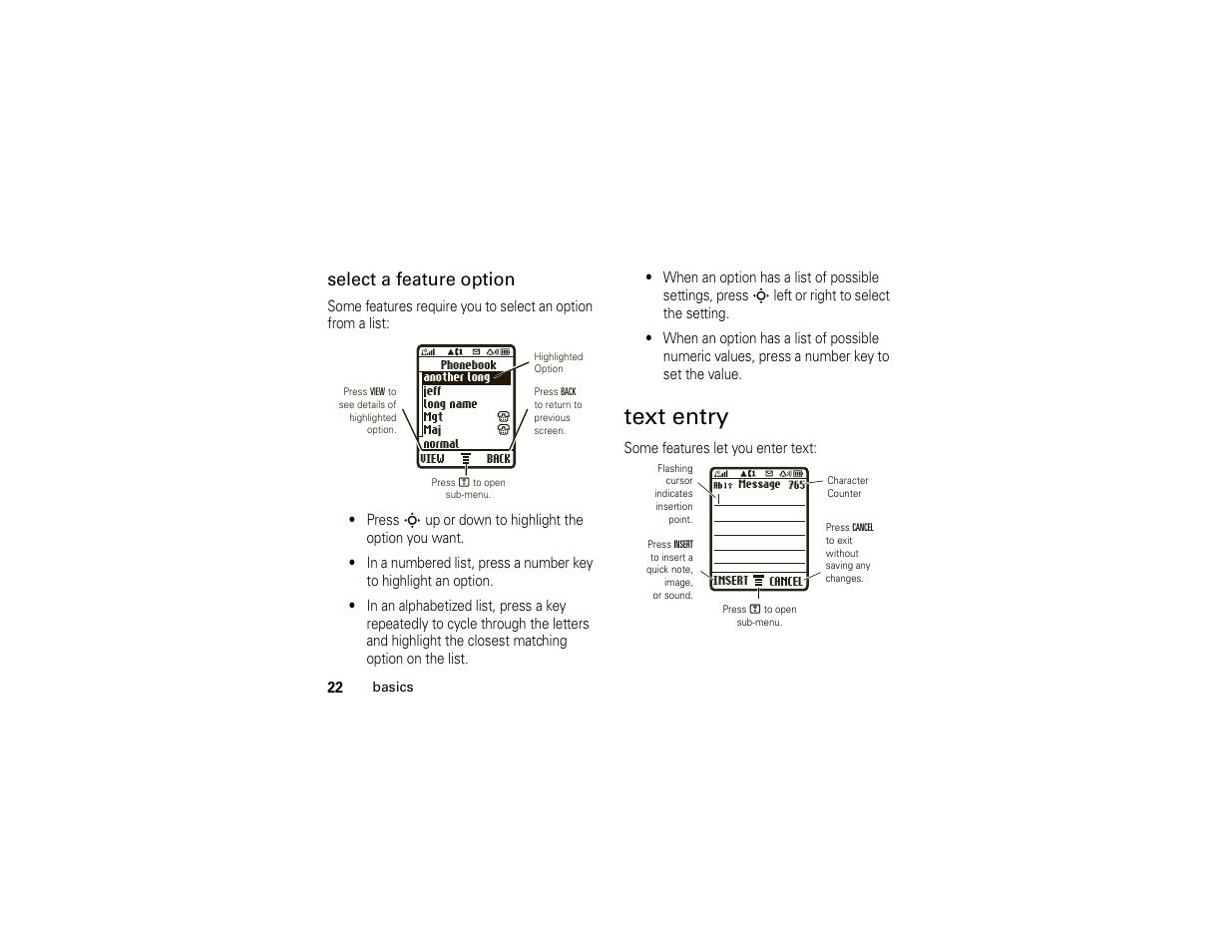 Text entry, Select a feature option | Motorola 6809512A76-A User Manual | Page 24 / 80