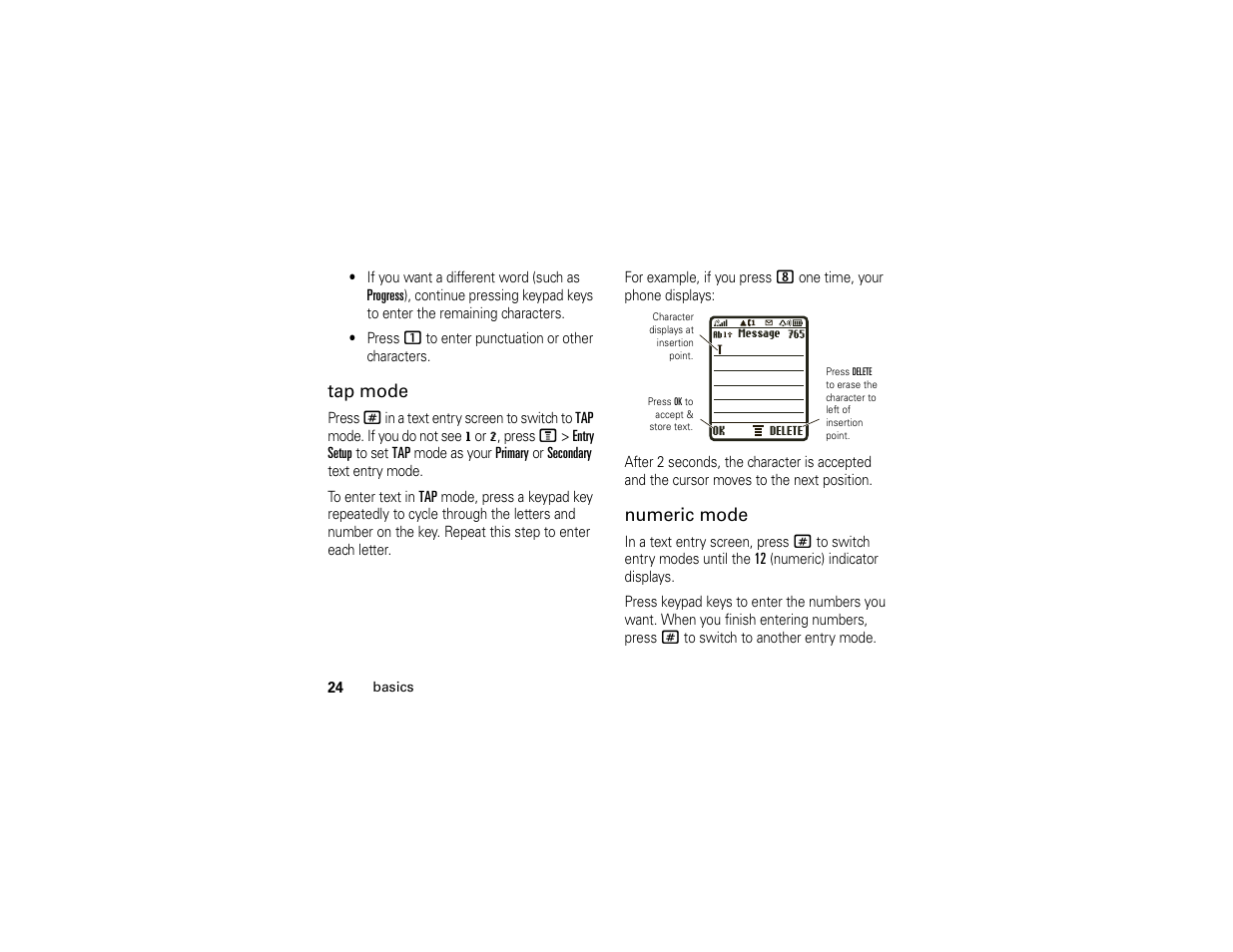 Tap mode, Numeric mode | Motorola 6809512A76-A User Manual | Page 26 / 80