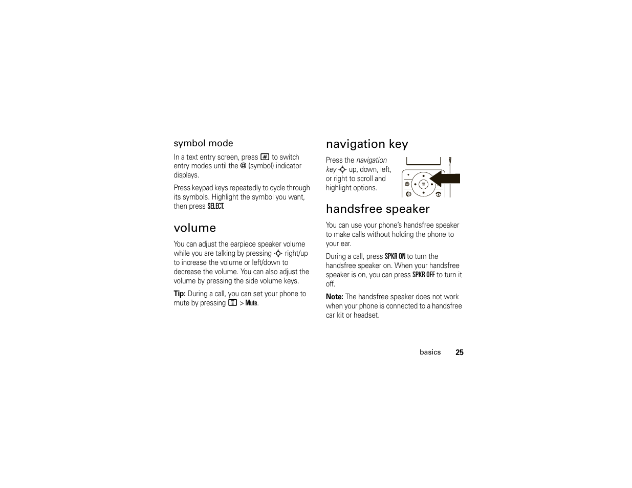 Volume, Navigation key, Handsfree speaker | Motorola 6809512A76-A User Manual | Page 27 / 80