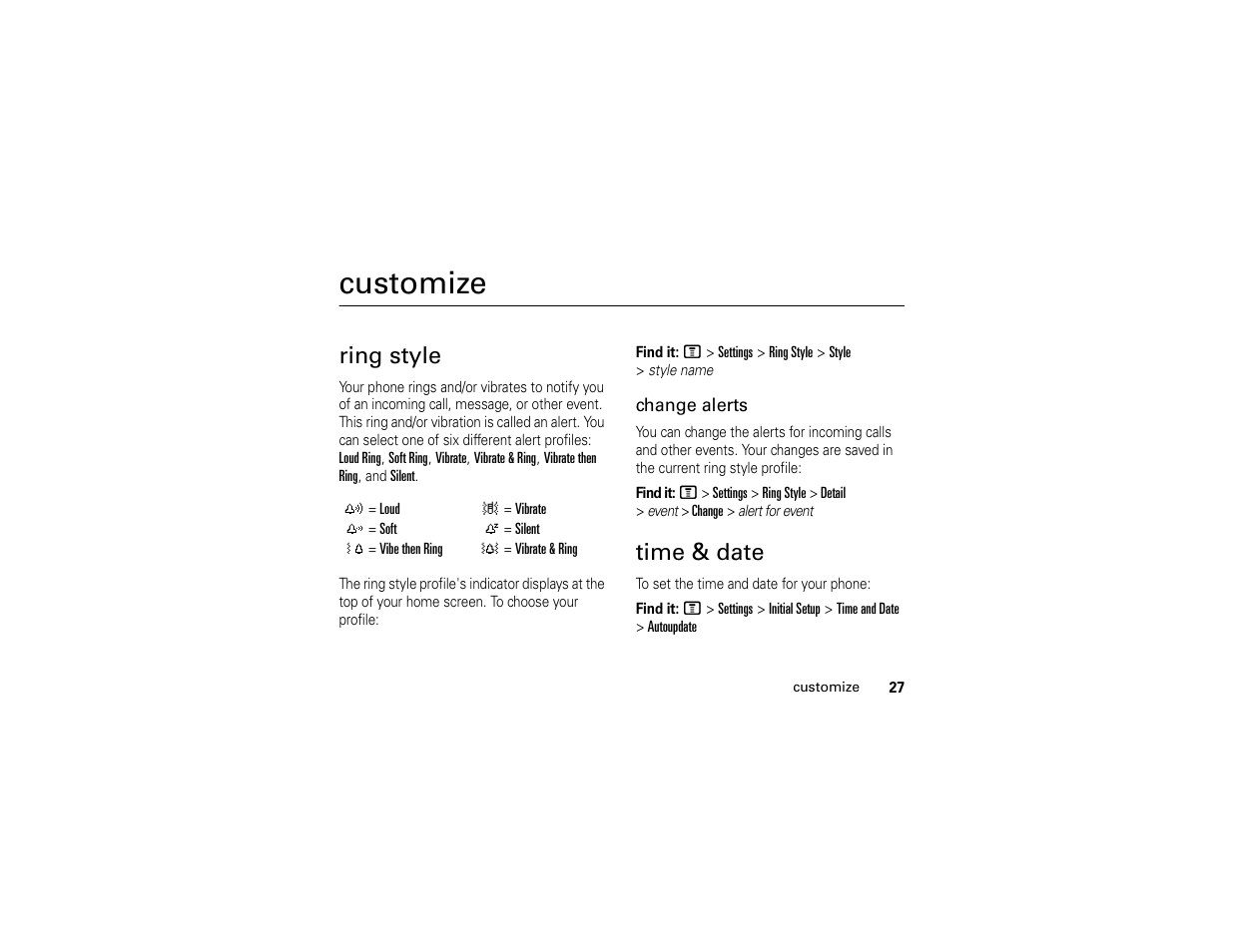 Customize, Ring style, Time & date | Motorola 6809512A76-A User Manual | Page 29 / 80