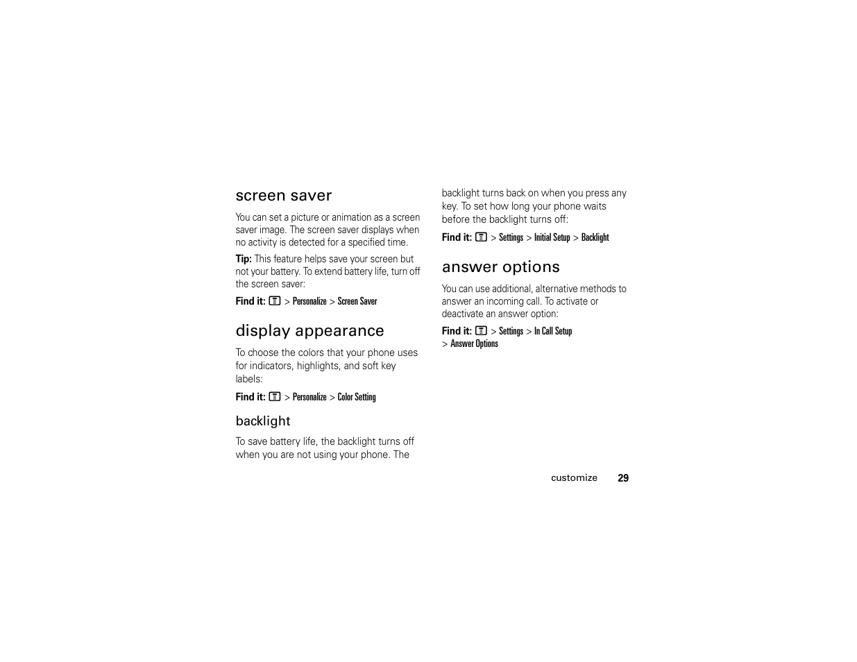 Screen saver, Display appearance, Answer options | Motorola 6809512A76-A User Manual | Page 31 / 80