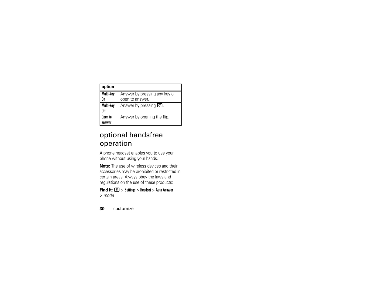 Optional handsfree operation | Motorola 6809512A76-A User Manual | Page 32 / 80