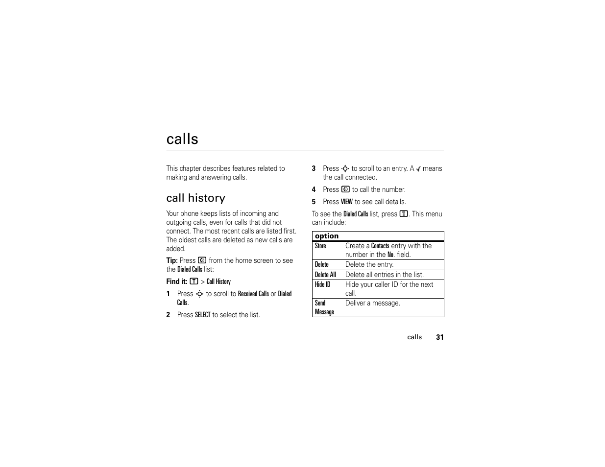 Calls, Call history | Motorola 6809512A76-A User Manual | Page 33 / 80