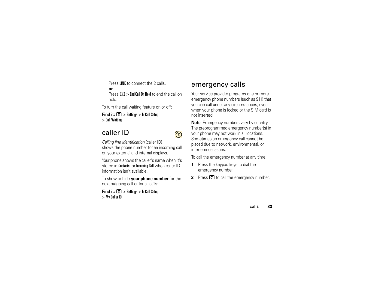 Caller id, Emergency calls | Motorola 6809512A76-A User Manual | Page 35 / 80