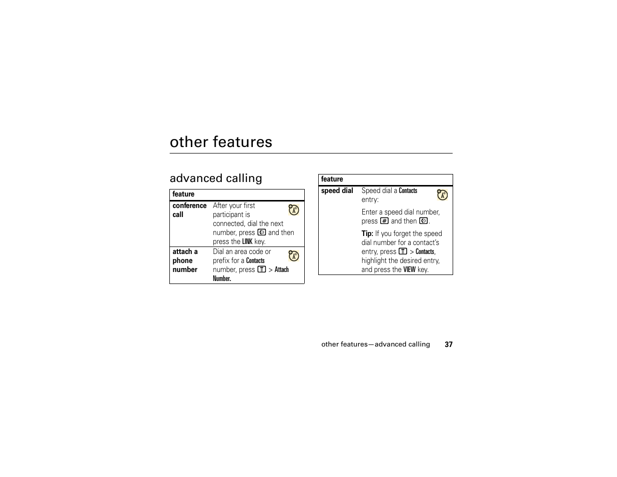 Other features, Advanced calling | Motorola 6809512A76-A User Manual | Page 39 / 80