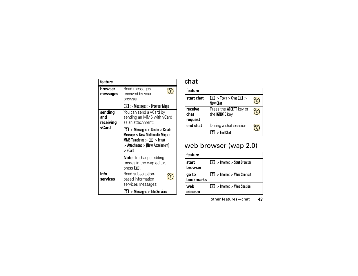 Chat, Web browser (wap 2.0), Chat web browser (wap 2.0) | Motorola 6809512A76-A User Manual | Page 45 / 80