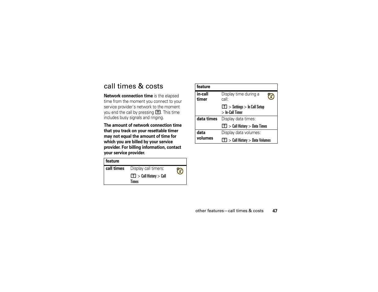 Call times & costs | Motorola 6809512A76-A User Manual | Page 49 / 80