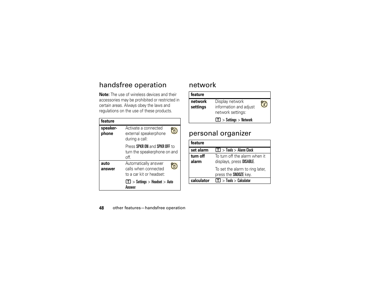 Handsfree operation, Network, Personal organizer | Network personal organizer | Motorola 6809512A76-A User Manual | Page 50 / 80