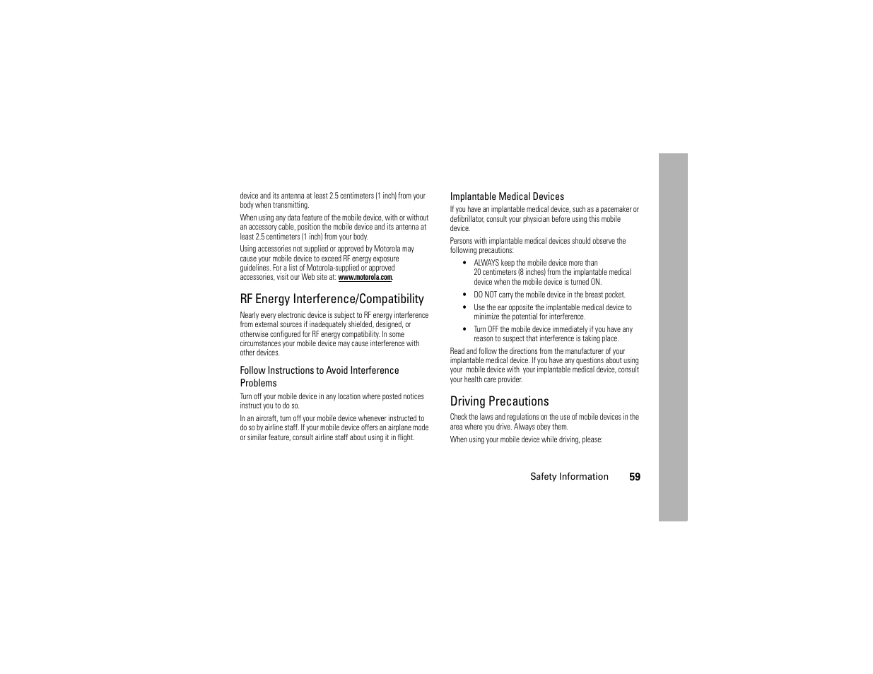 Rf energy interference/compatibility, Driving precautions | Motorola 6809512A76-A User Manual | Page 61 / 80