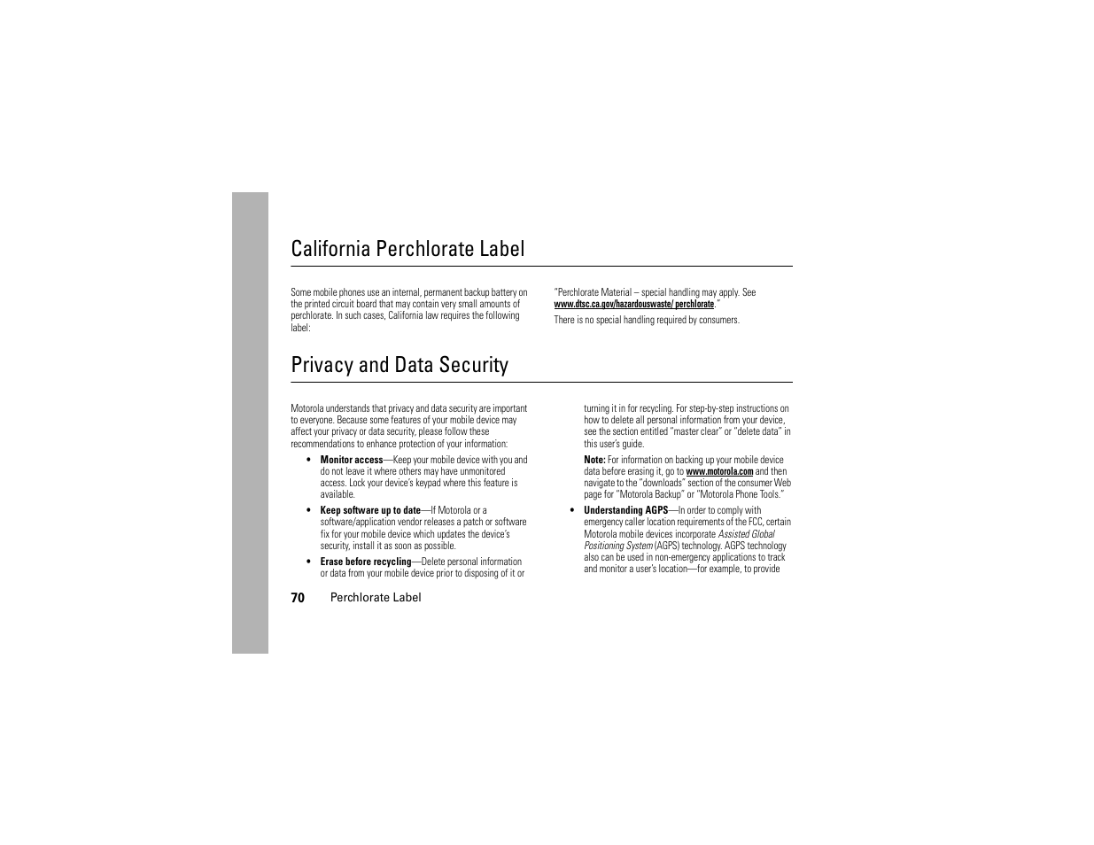 California perchlorate label, Privacy and data security | Motorola 6809512A76-A User Manual | Page 72 / 80