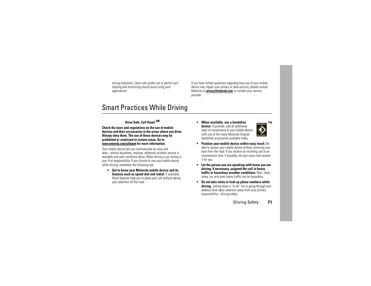 Smart practices while driving | Motorola 6809512A76-A User Manual | Page 73 / 80