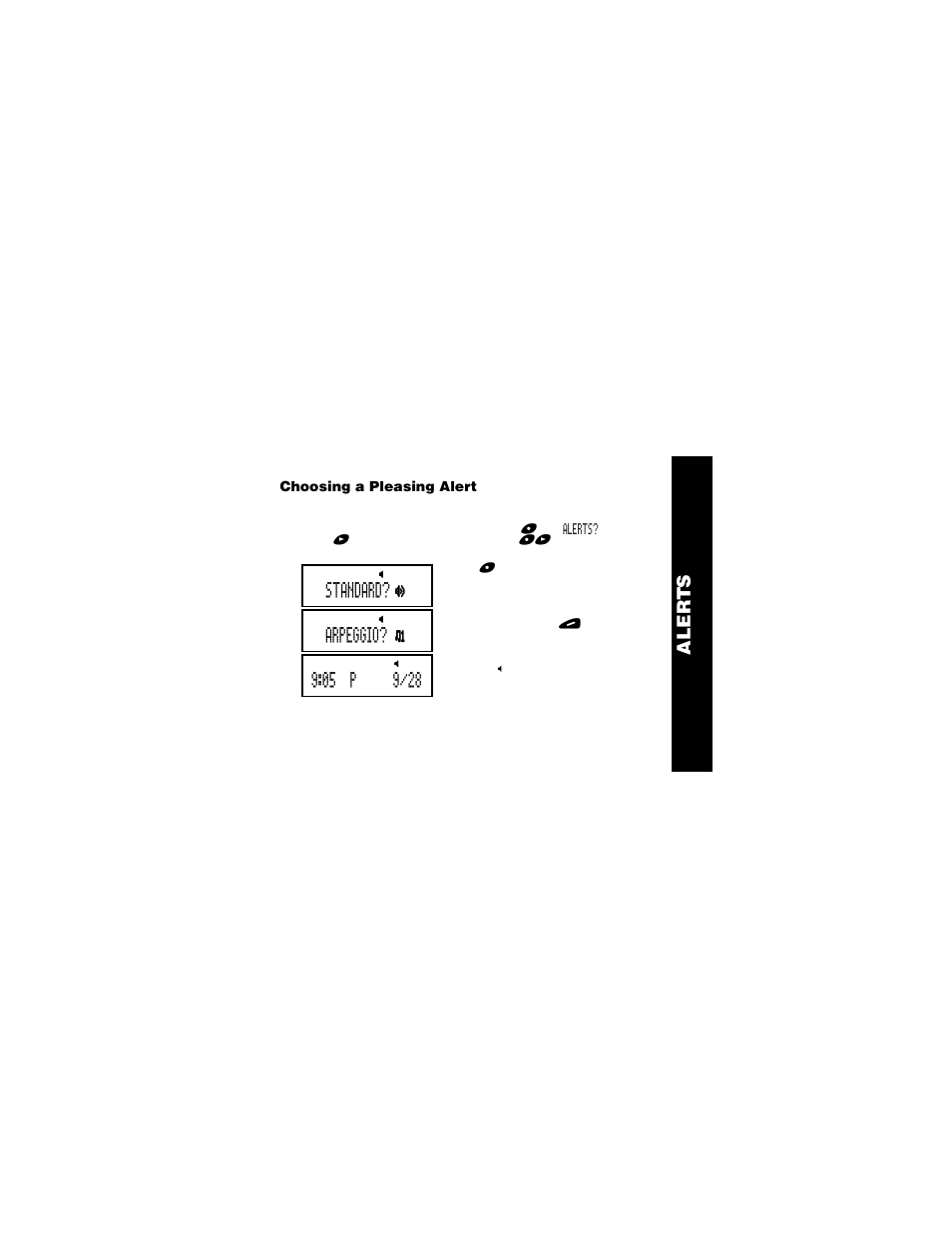 Choosing a pleasing alert, Aler t s, Standard | Arpeggio | Motorola Jazz Pager User Manual | Page 13 / 48