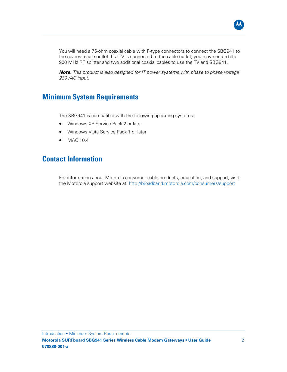 Minimum system requirements, Contact information | Motorola SURFboard 570280-001-a User Manual | Page 10 / 78